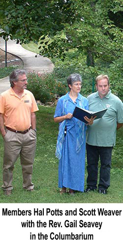 Member Hal Potts, the Rev. Gail Seavey and Youth Coordinator Scott Weaver in the columbarium